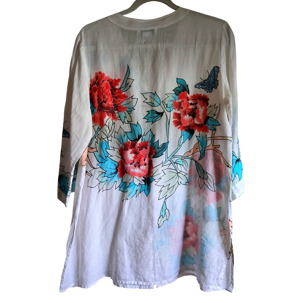 Citron Artsy Ramie Floral Butterfly Beaded Frog Button Kimono Tunic Women's M - Picture 9 of 9